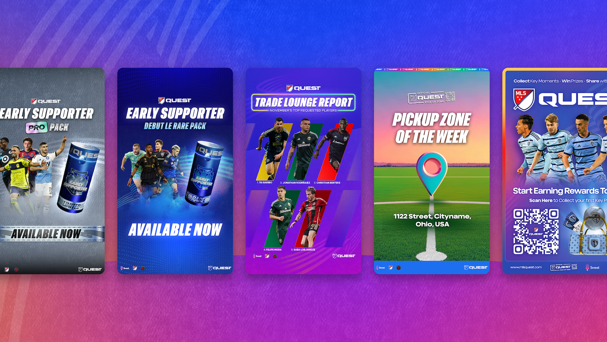 MLS Quest marketing campaign — social graphics, Early Supporter pack, Trade Lounge Report, Pickup Zone